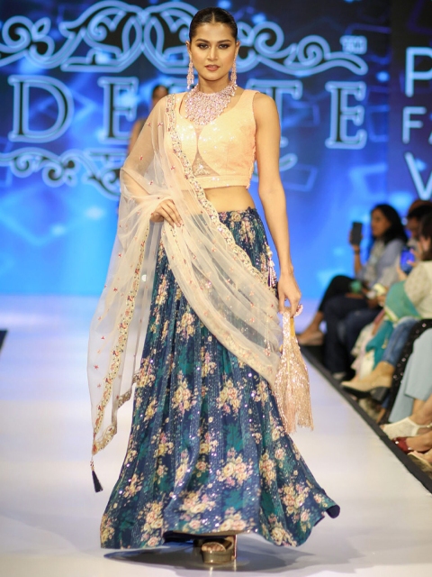 

ODETTE Blue & Gold-Toned Embellished Sequinned Semi-Stitched Lehenga & Unstitched Blouse With Dupatta