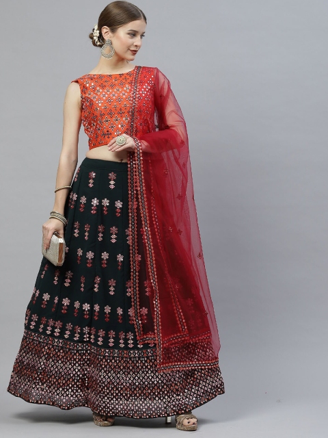 

ODETTE Green & Orange Embroidered Mirror Work Semi-Stitched Lehenga & Unstitched Blouse With Dupatta