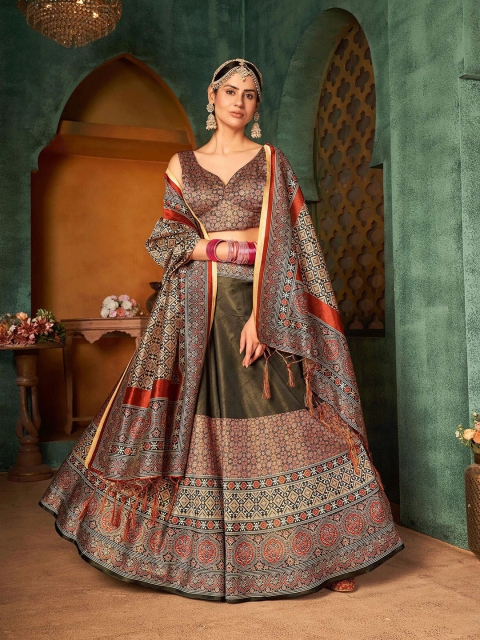 

ODETTE Brown & Red Printed Semi-Stitched Lehenga & Unstitched Blouse With Dupatta