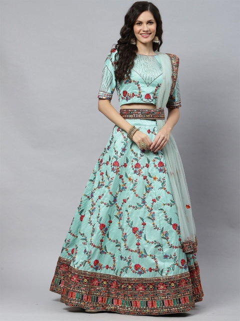 

ODETTE Green & Pink Embellished Semi-Stitched Lehenga & Unstitched Blouse With Dupatta