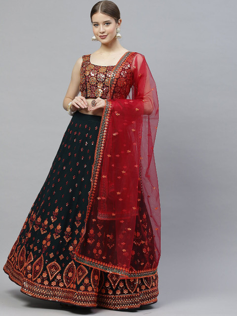 

ODETTE Green & Red Embroidered Semi-Stitched Lehenga & Unstitched Blouse With Dupatta