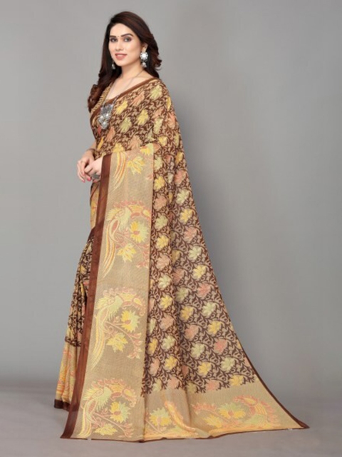 

Yashika Brown & Yellow Floral Printed Saree