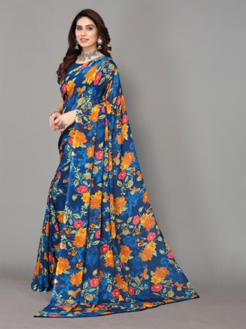 

Yashika Blue & Orange Floral Printed Saree