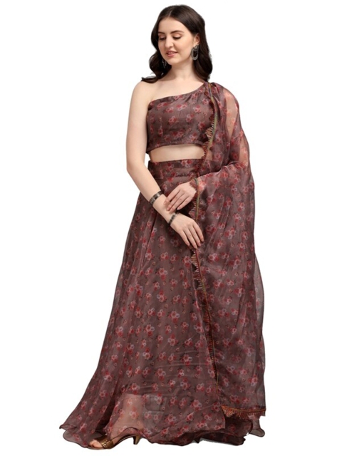 

SWEETPEL Brown Printed Ready to Wear Lehenga & Unstitched Blouse With Dupatta