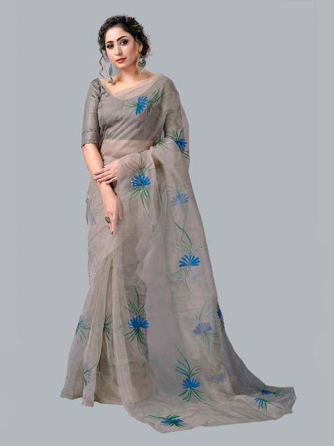 

Fashion FRICKS Grey & Blue Floral Organza Saree