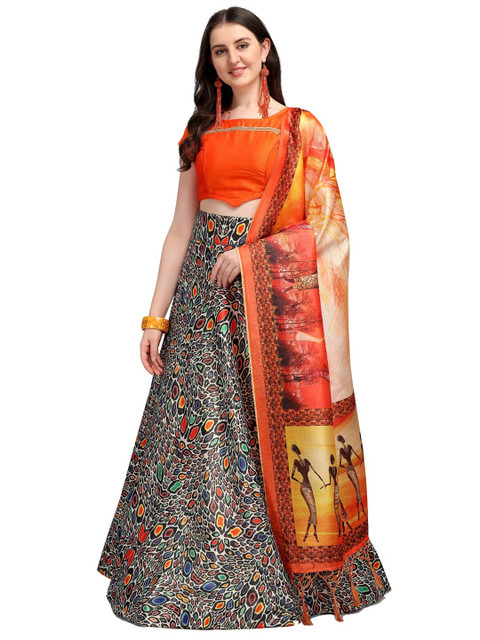 

SWEETPEL Red & Yellow Semi-Stitched Lehenga & Unstitched Blouse With Dupatta