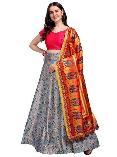 

SWEETPEL Grey & Pink Semi-Stitched Lehenga & Unstitched Blouse With Dupatta