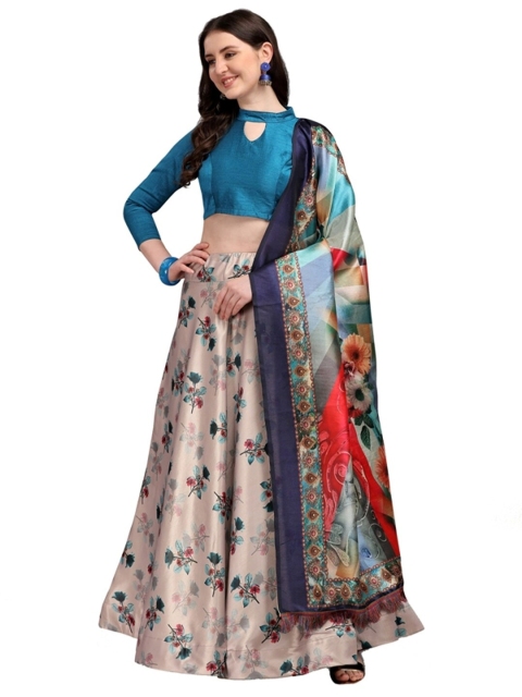 

SWEETPEL Beige & Blue Semi-Stitched Lehenga & Unstitched Blouse With Dupatta