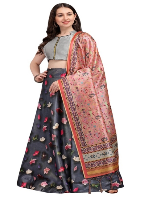 

SWEETPEL Grey & Peach-Coloured Semi-Stitched Lehenga & Unstitched Blouse With Dupatta