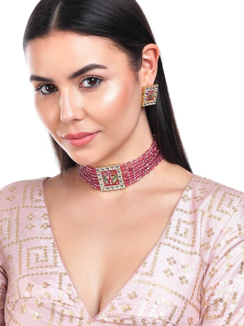 

Rubans Gold-Toned & Plated Pink Artificial Stones and Bead Jewellery Set