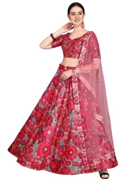

SWEETPEL Red & Green Printed Semi-Stitched Lehenga & Unstitched Blouse With Dupatta