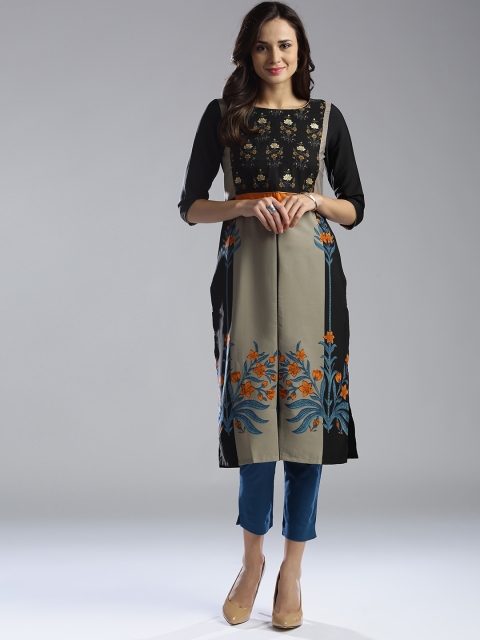 

W Women Black & Taupe Printed Straight Kurta