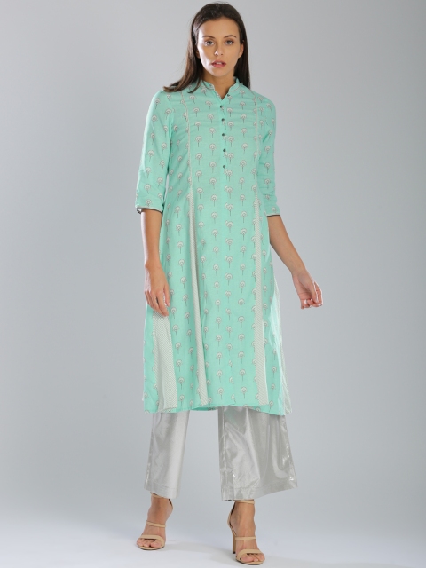 

W Women Sea Green & White Printed A-Line Kurta