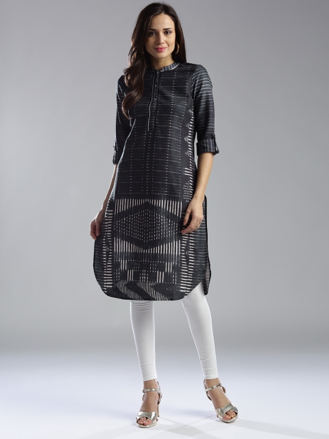 

W Women Charcoal Grey Striped Straight Kurta