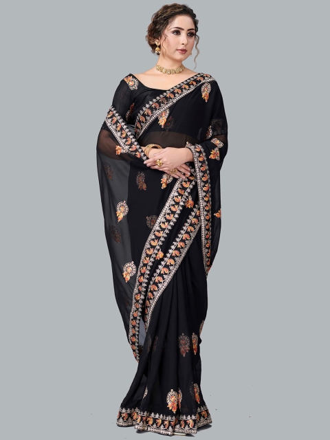 

Fashion FRICKS Black & Orange Paisley Embroidered Pure Georgette Heavy Work Saree
