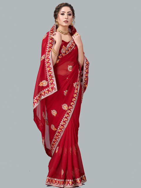 

Fashion FRICKS Maroon & White Paisley Embroidered Pure Georgette Saree