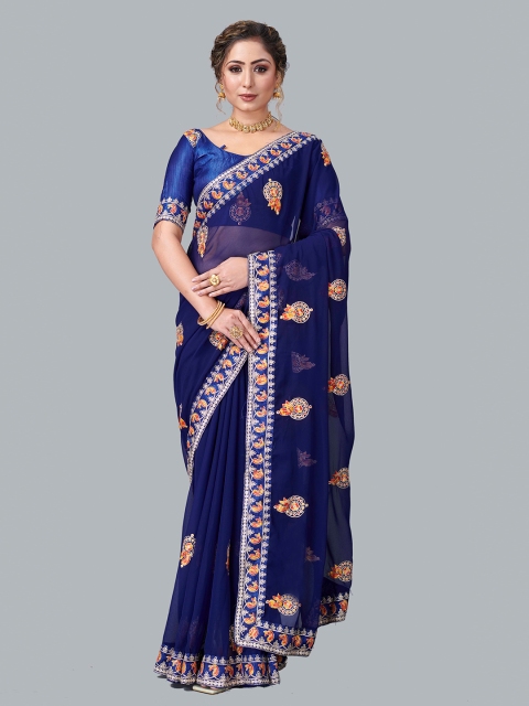 

Fashion FRICKS Navy Blue & White Paisley Embroidered Pure Georgette Saree