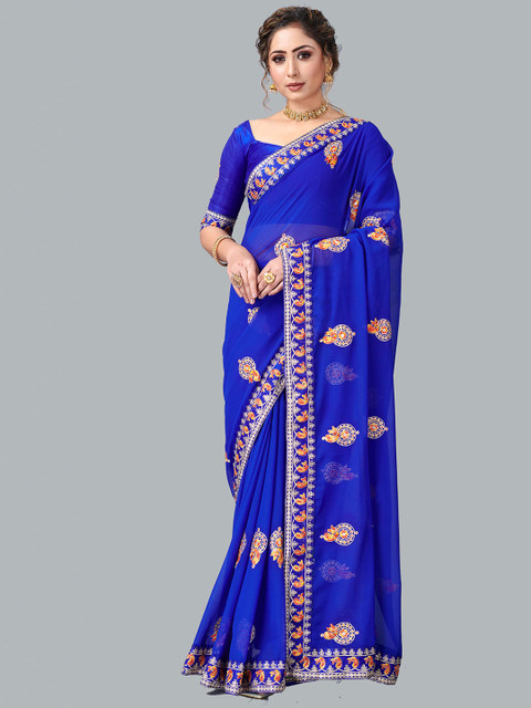

Fashion FRICKS Blue & Yellow Paisley Embroidered Pure Georgette Saree