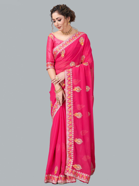 

Fashion FRICKS Pink & Yellow Paisley Embroidered Pure Georgette Saree
