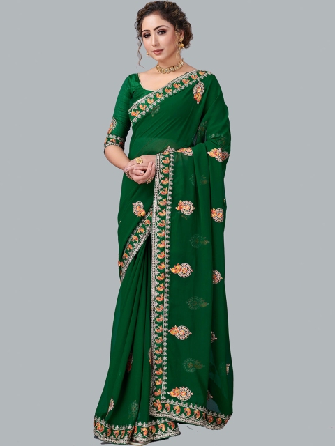 

Fashion FRICKS Green & Red Paisley Embroidered Pure Georgette Saree