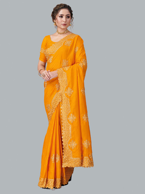 

Fashion FRICKS Yellow & Gold-Toned Floral Embroidered Silk Blend Heavy Work Saree