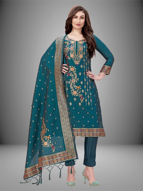 

Nivah Fashion Turquoise Blue & Red Embroidered Unstitched Dress Material