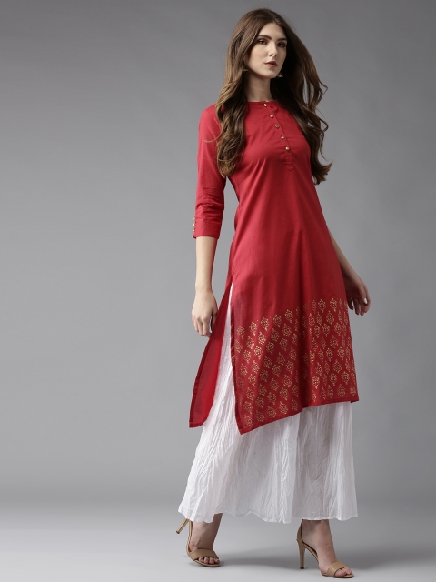 

HERE&NOW Women Red Block Print Straight Kurta