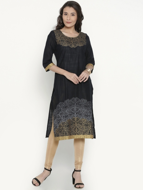 

AURELIA Women Navy Printed Straight Kurta, Navy blue
