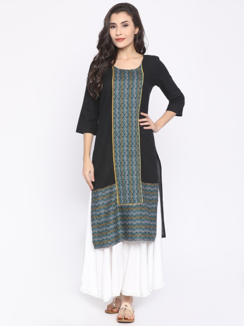 

AURELIA Women Black Woven Design Straight Kurta