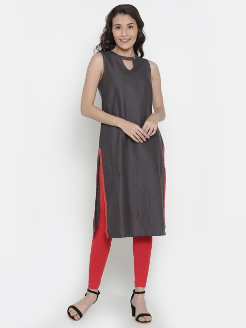 

AURELIA Women Grey Solid Straight Kurta