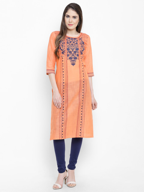 

AURELIA Women Peach-Coloured Printed Straight Kurta