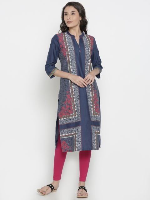 

AURELIA Women Navy Printed Straight Kurta, Navy blue