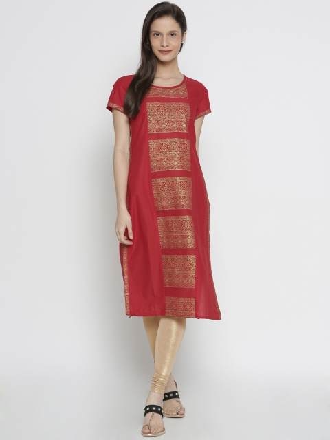 

AURELIA Women Red & Gold-Toned Printed Straight Kurta