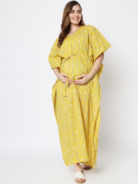 

Aujjessa Yellow Ethnic Motifs Maternity Kaftan Maxi Dress