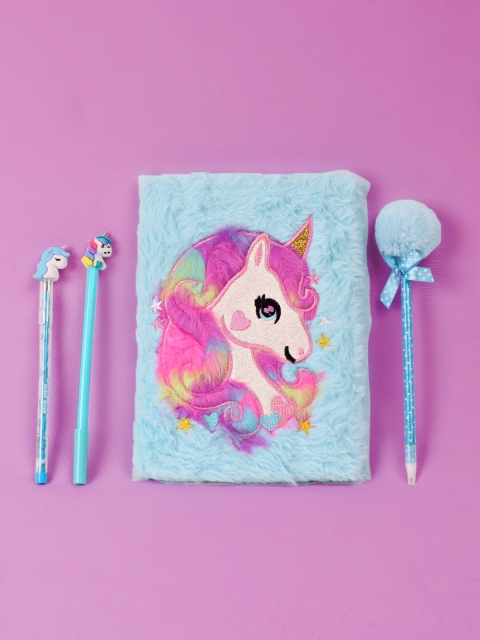 

DukieKooky Kids Set Of 4 Blue & Pink Unicorn Embellished Notebook With Pen & Pencil