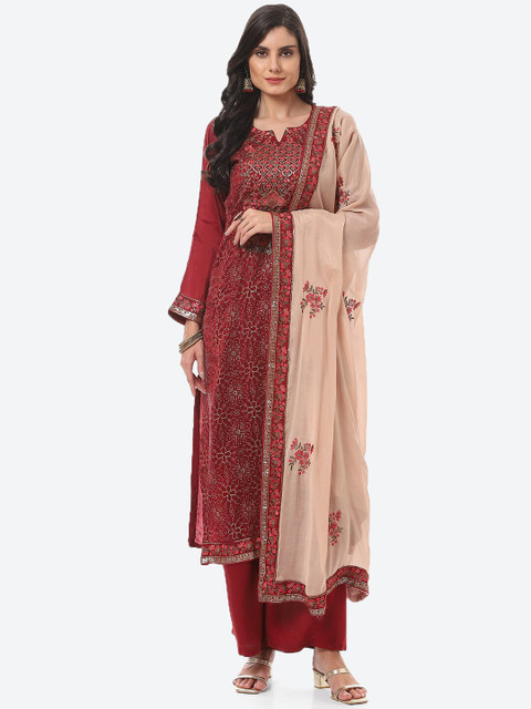 

Biba Maroon & Pink Embroidered Art Silk Unstitched Dress Material