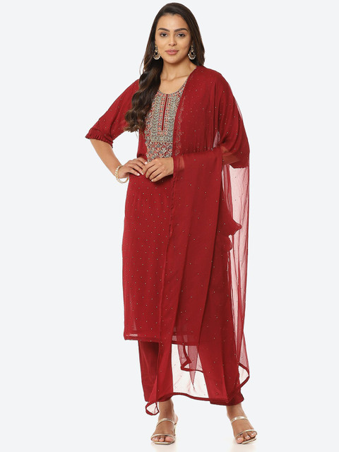 

Biba Maroon & Silver-Toned Unstitched Dress Material