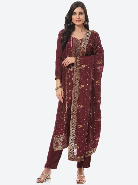 

Biba Maroon & Gold-Toned Unstitched Dress Material
