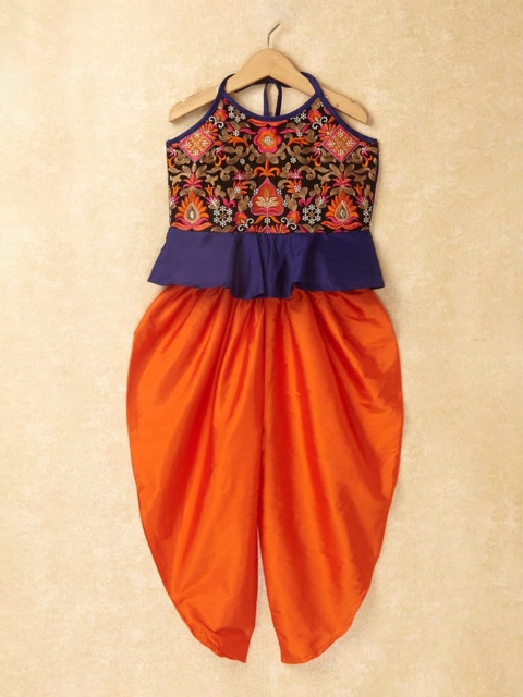 

The Magic Wand Girls Ethnic Motifs Embroidered Pleated Thread Work Kurti with Dhoti Pants, Orange