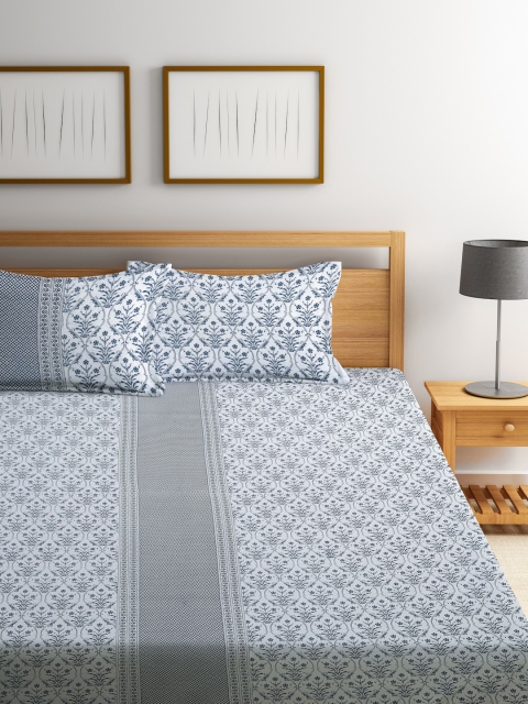 

Rajasthan Decor White & Teal 180 TC Floral Cotton King Bedsheet with 2 Pillow Covers