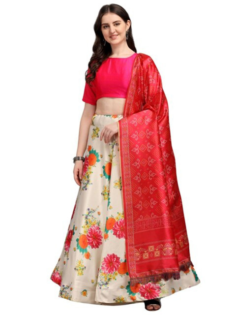 

SWEETPEL Red & Cream-Coloured Semi-Stitched Lehenga & Unstitched Blouse With Dupatta