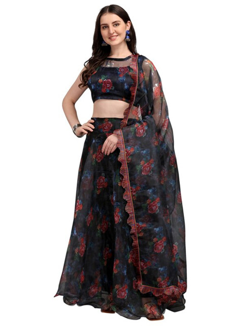 

SWEETPEL Blue Printed Semi-Stitched Lehenga & Unstitched Blouse With Dupatta