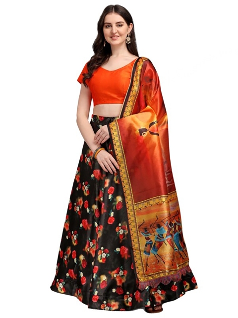 

SWEETPEL Orange & Black Semi-Stitched Lehenga & Unstitched Blouse With Dupatta