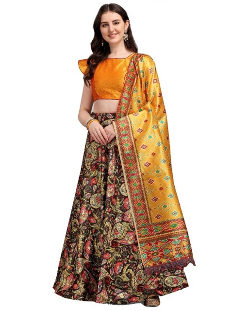 

SWEETPEL Mustard & Black Semi-Stitched Lehenga & Unstitched Blouse With Dupatta