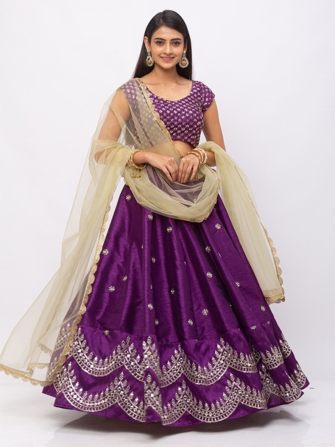

6Y COLLECTIVE Purple & Gold-Toned Embellished Sequinned Semi-Stitched Lehenga & Unstitched Blouse With