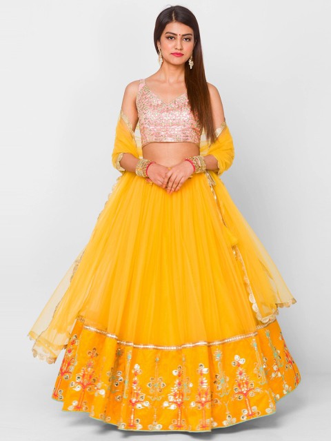 

6Y COLLECTIVE Mustard & Gold-Toned Semi-Stitched Lehenga & Unstitched Blouse With Dupatta