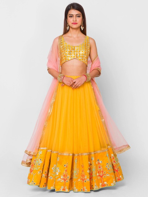 

6Y COLLECTIVE Mustard & Gold-Toned Embroidered Sequinned Semi-Stitched Lehenga & Unstitched Blouse With