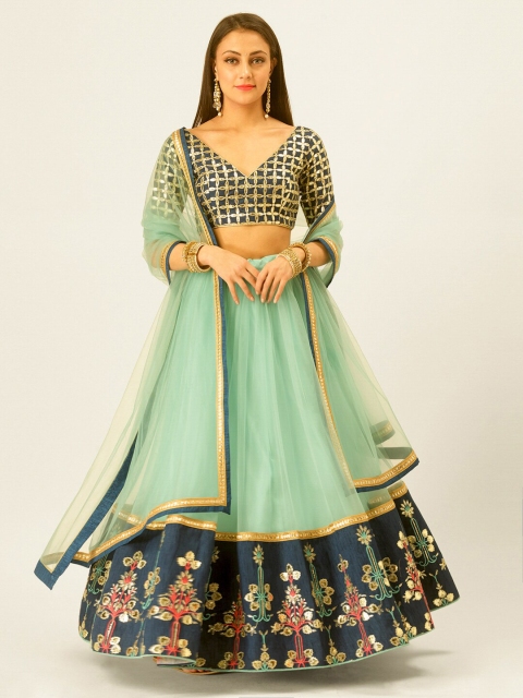 

6Y COLLECTIVE Women Embroidered Sequinned Semi-Stitched Lehenga Set, Blue