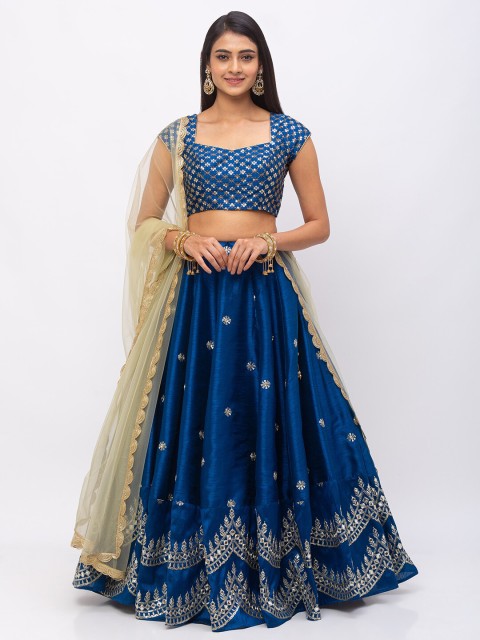 

6Y COLLECTIVE Women Embroidered Sequinned Semi-Stitched Lehenga Set, Blue