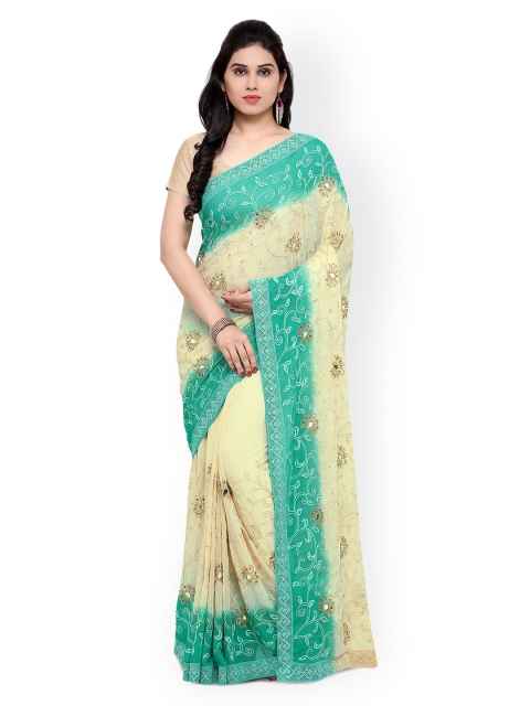 

Styles Closet Turquoise Blue & Cream-Coloured Poly Chiffon Embroidered Saree